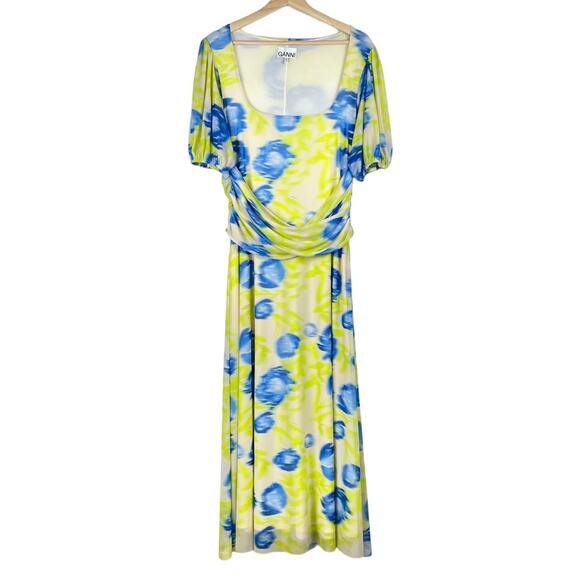 Ganni Printed Mesh Maxi Dress Strong Blue Green Floral Blue Square Neck 42 XL - Picture 3 of 16